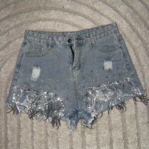 Embellished Denim Shorts with Fringe